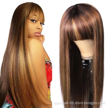Raw Indian Hair Vendors Straight Lace Frontal Wigs With Bangs Cuticle Aligned Hair Pre plucked Glueless Wigs